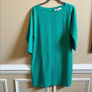 LOFT Teal Dress with Blue Bird Pattern